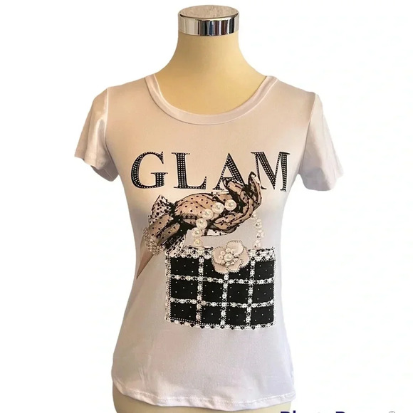 Glam Bling Bling Studded Top Short Sleeve White - Picture 2 of 7